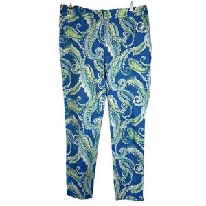 J. McLaughlin Portman Straight Fit Paisley Pique Cotton Crop Pant 10 Blue Green